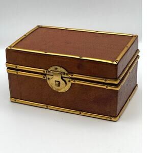 VTG Chinese Lacquer Trinket Jewelry Box 5" X  3.25" X 3.25"Leather Finish Brass